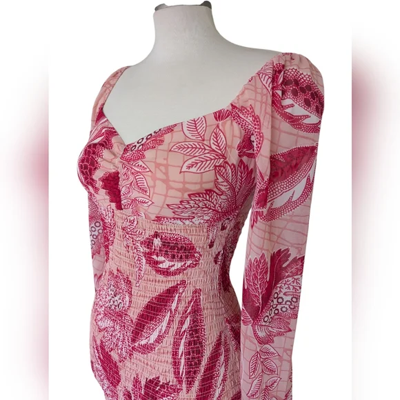Guess Pink Floral Mini Dress XS Stretchy Open Neck Blouson Sleeves Y2K Prom - Picture 2 of 11